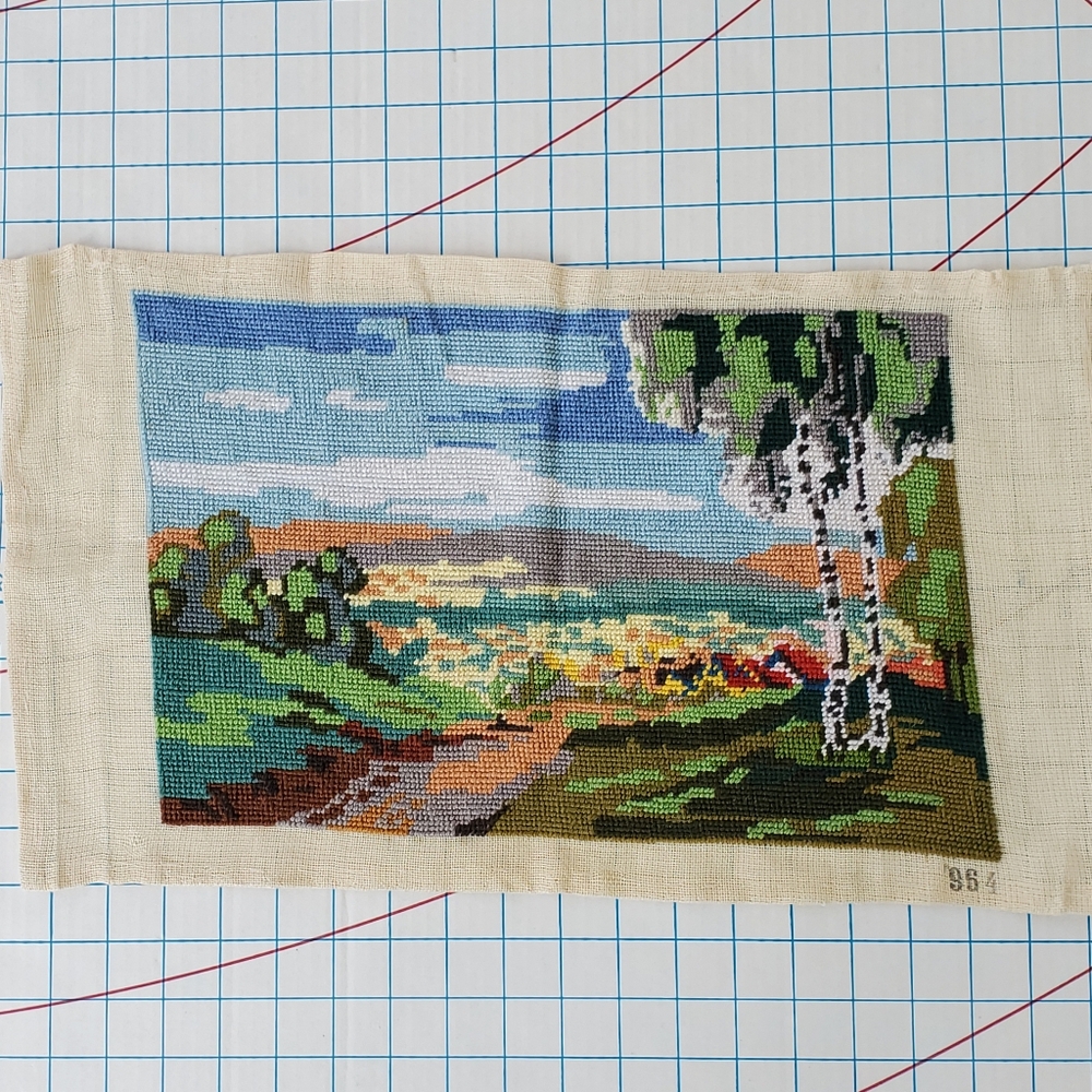 Landscape Trees Embroidered Tapestry Piece 14.5x9.5 Handmade Cottagecore
